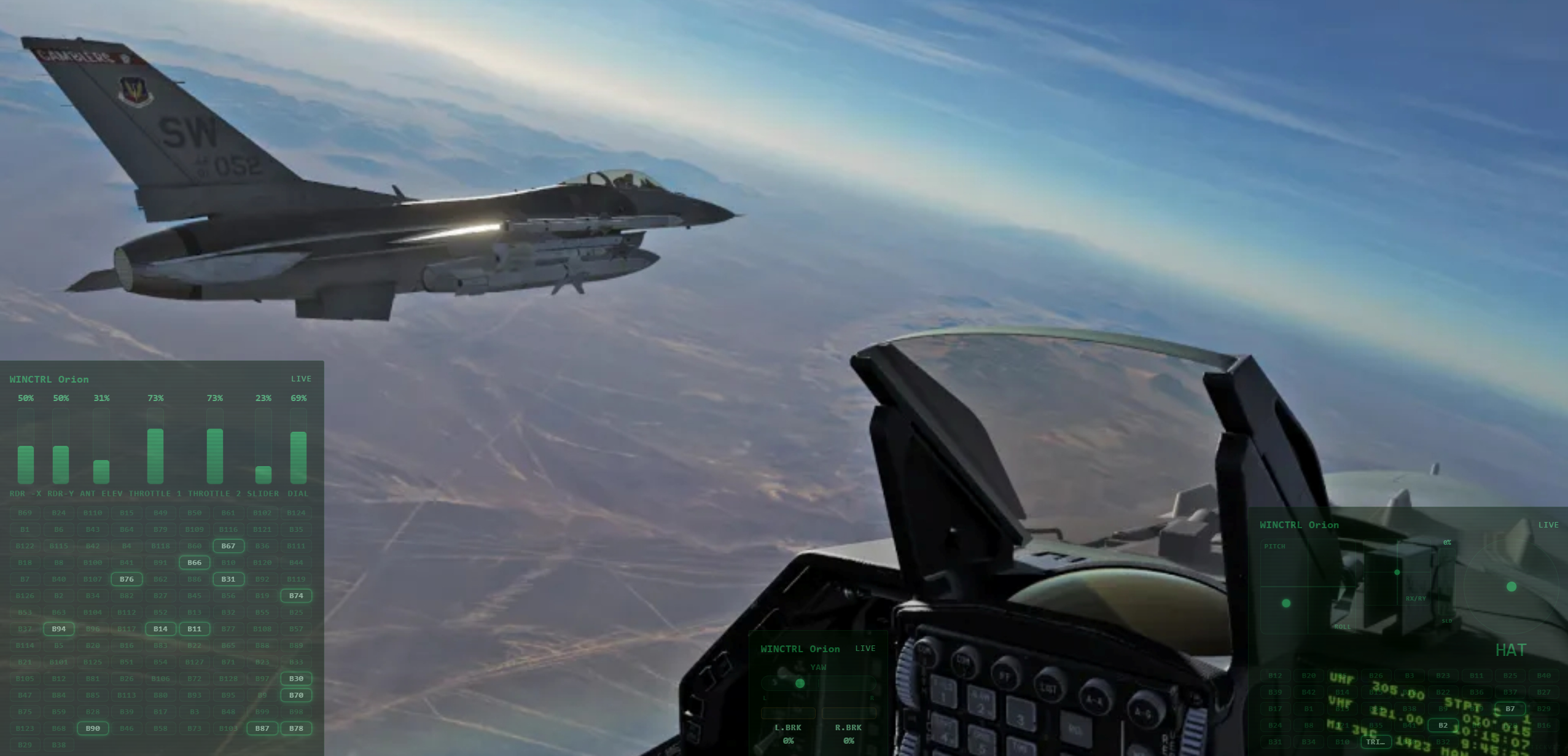 StickViz overlay showing joystick, throttle, and rudder inputs over a DCS World cockpit